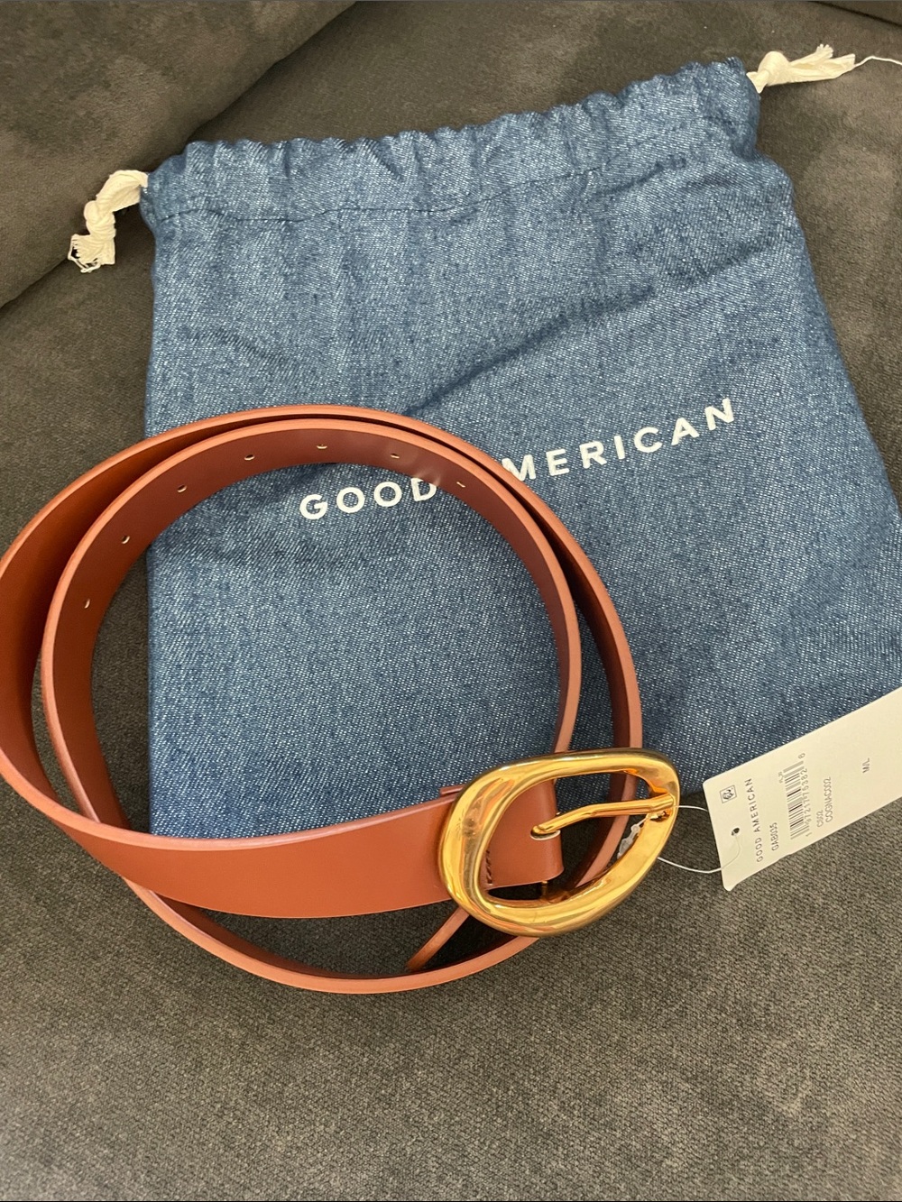 Good American Tan Leather Belt with Gold Oval Buckle